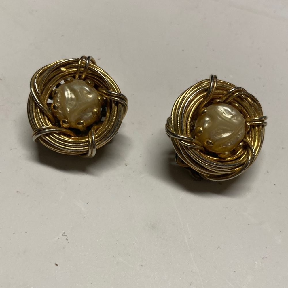 Vintage Alice Caviness wire wrapped faux pearl clip signed earrings